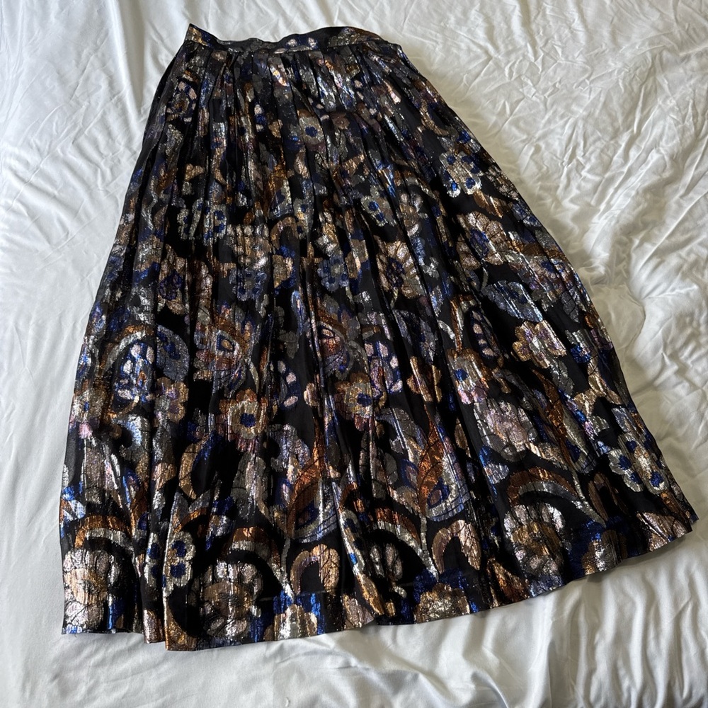 Vintage 80s Evan Picone Metallic Black Gold Blue Floral Patterned Midi Skirt